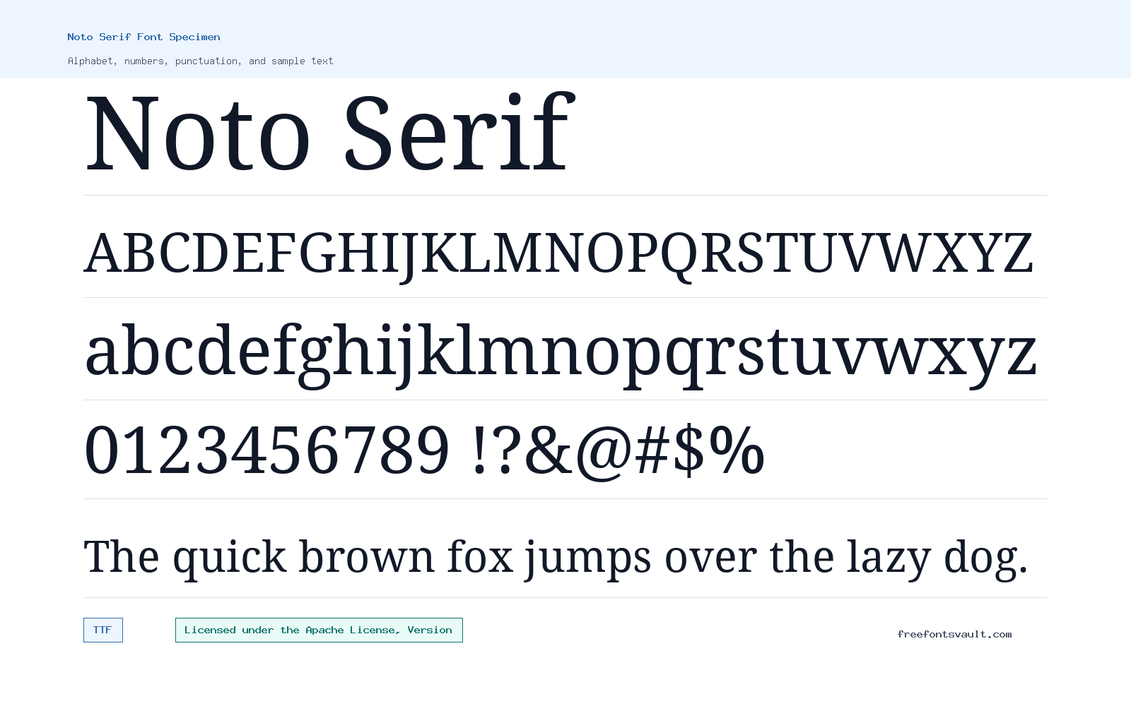 Noto Serif font specimen showing alphabet, numbers, and sample text