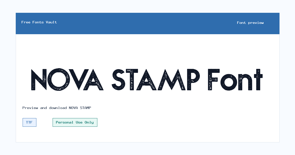 NOVA STAMP font preview showing the family name