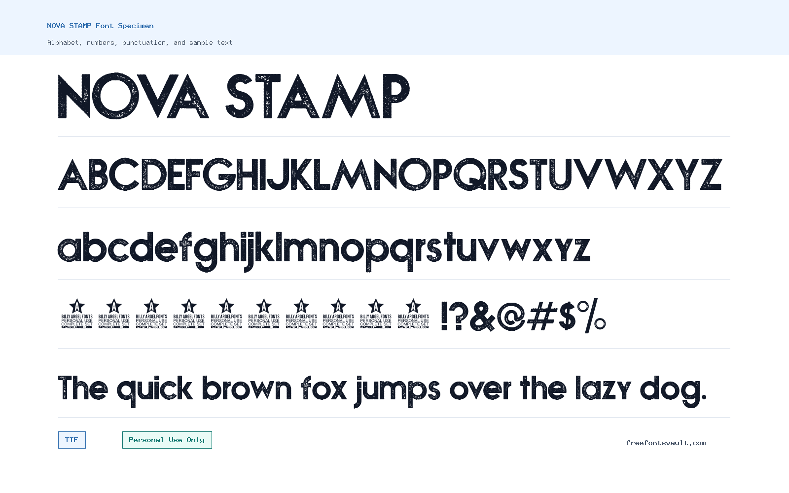 NOVA STAMP font specimen showing alphabet, numbers, and sample text