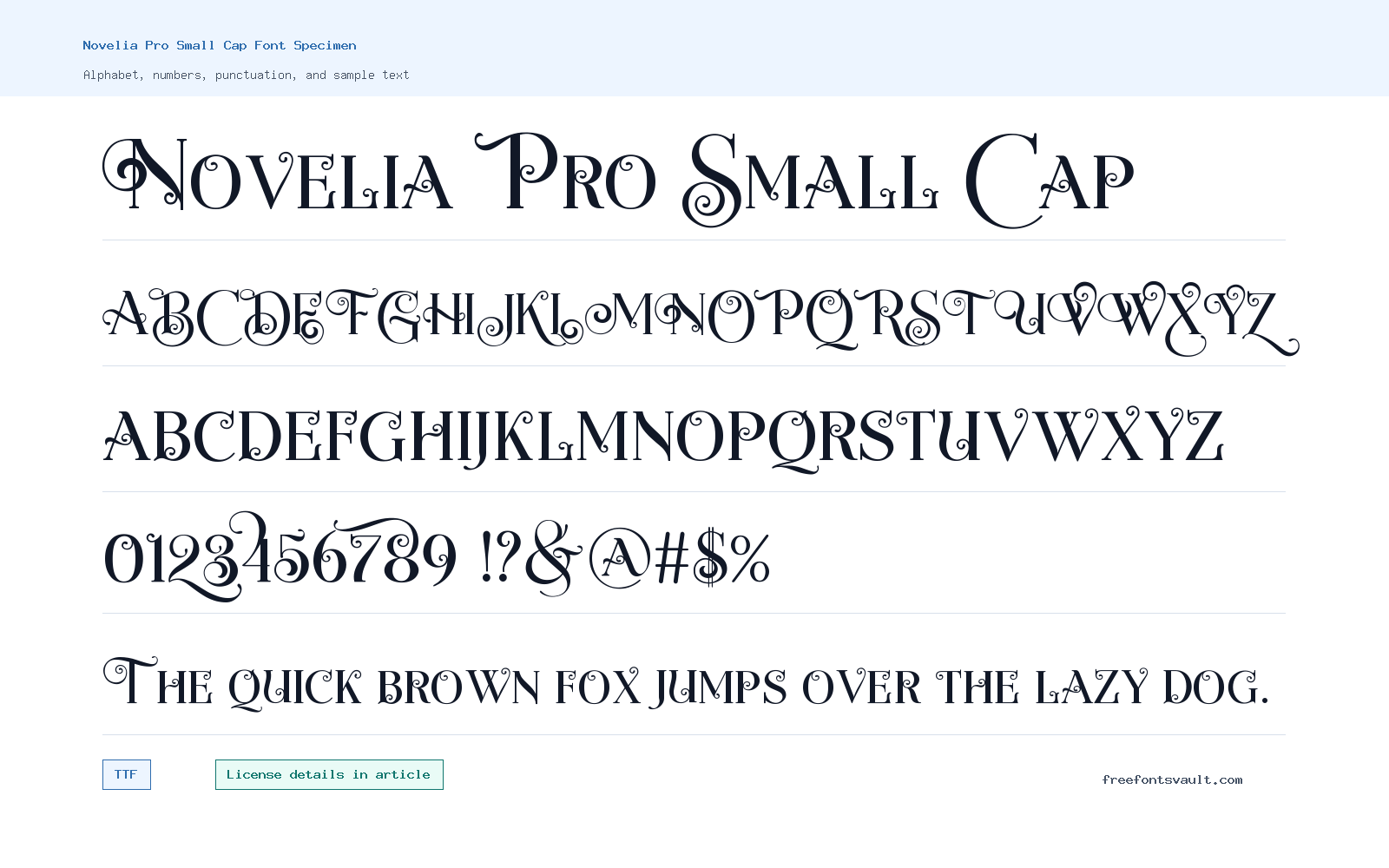 Novelia Pro Small Cap font specimen showing alphabet, numbers, and sample text