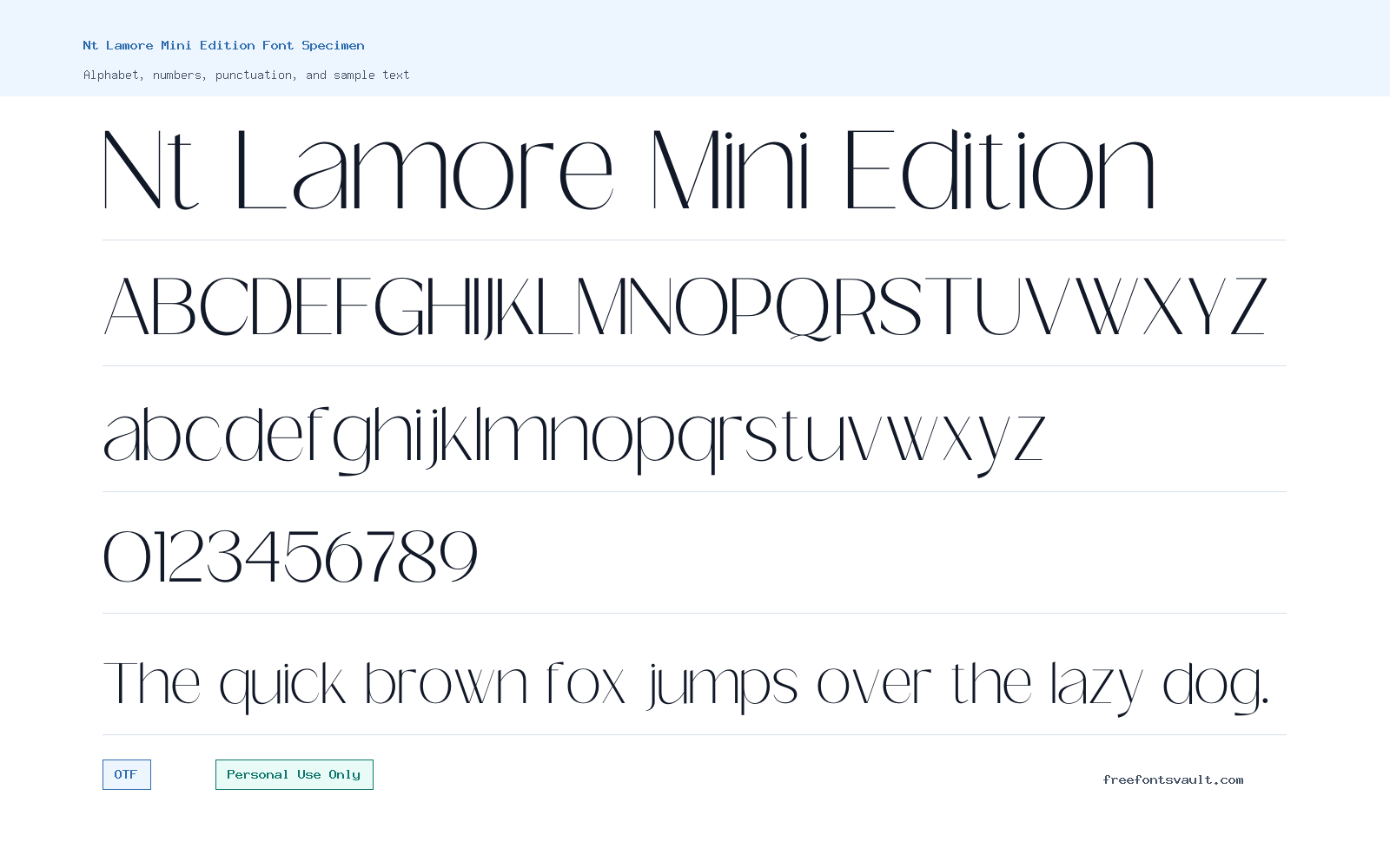 Nt Lamore Mini Edition font specimen showing alphabet, numbers, and sample text