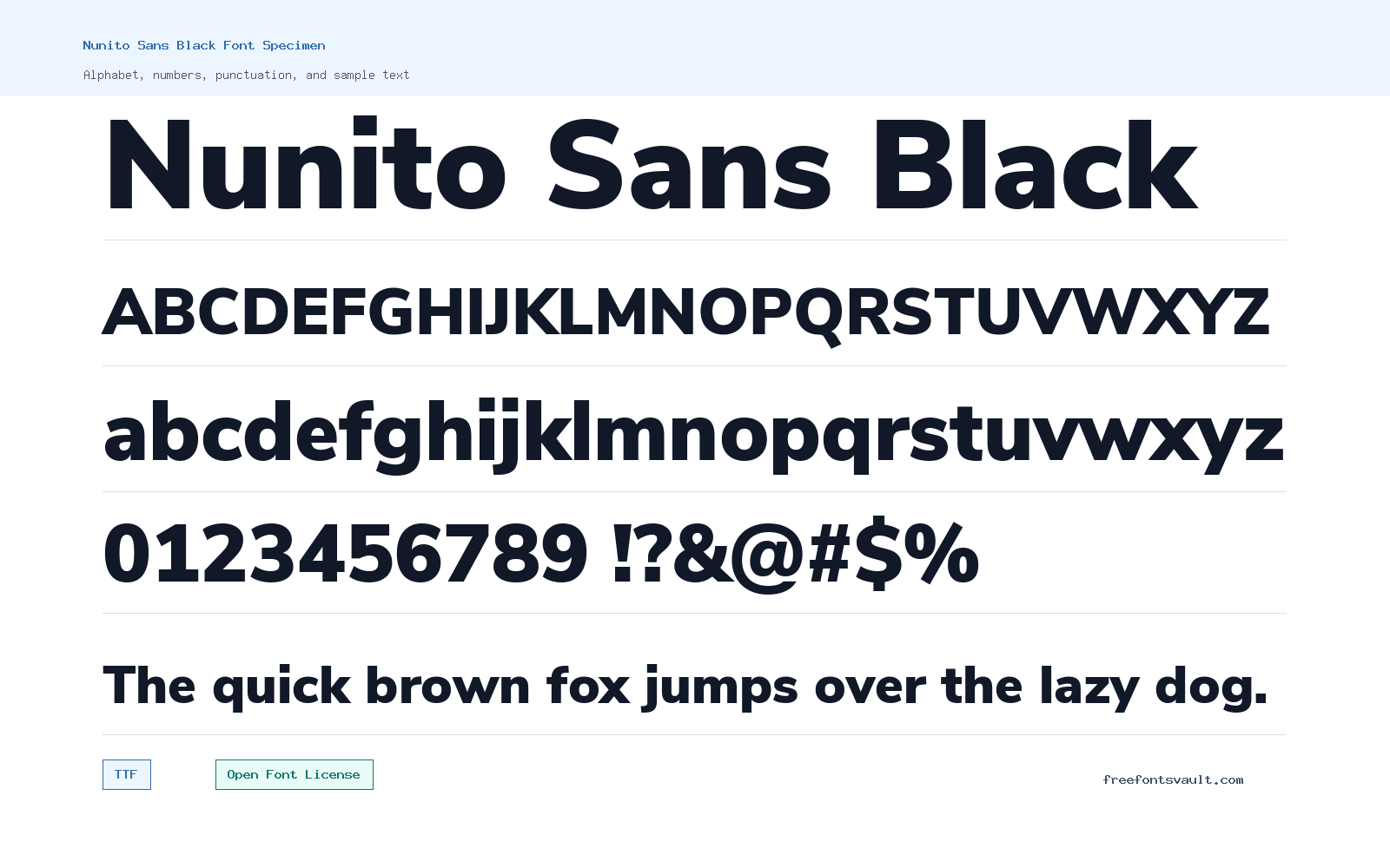 Nunito Sans Black font specimen showing alphabet, numbers, and sample text