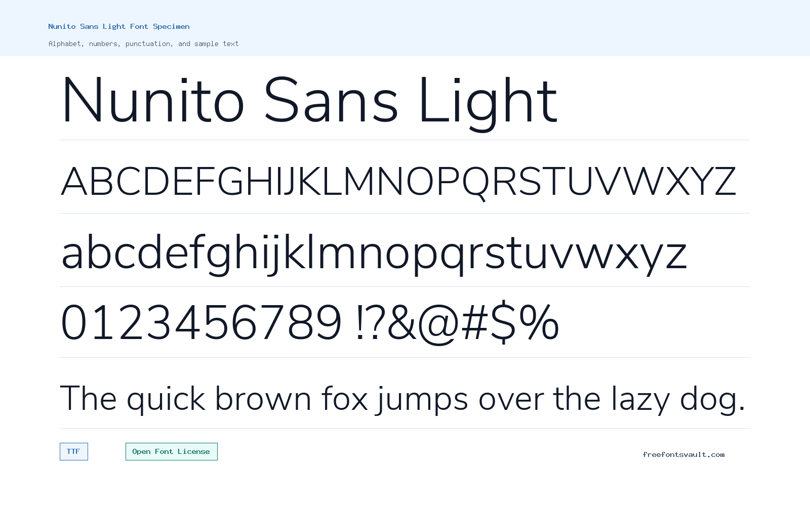 Nunito Sans Light font specimen showing alphabet, numbers, and sample text