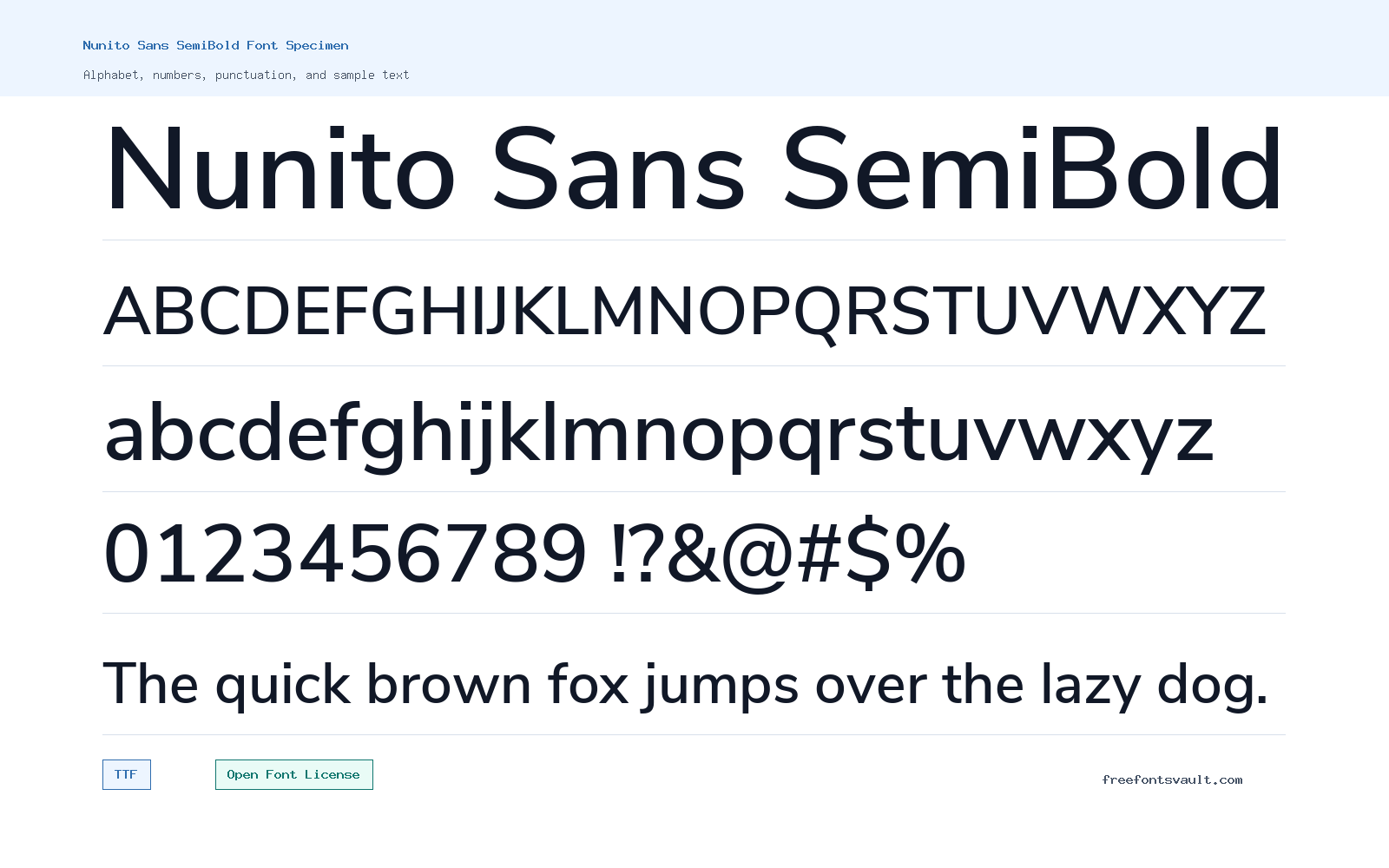 Nunito Sans SemiBold font specimen showing alphabet, numbers, and sample text
