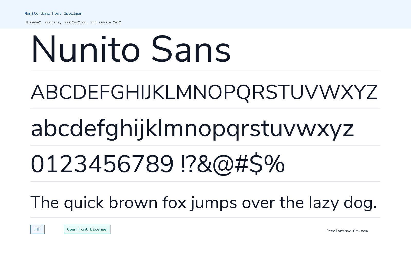 Nunito Sans font specimen showing alphabet, numbers, and sample text