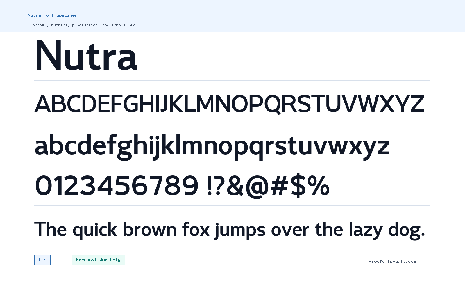 Nutra font specimen showing alphabet, numbers, and sample text