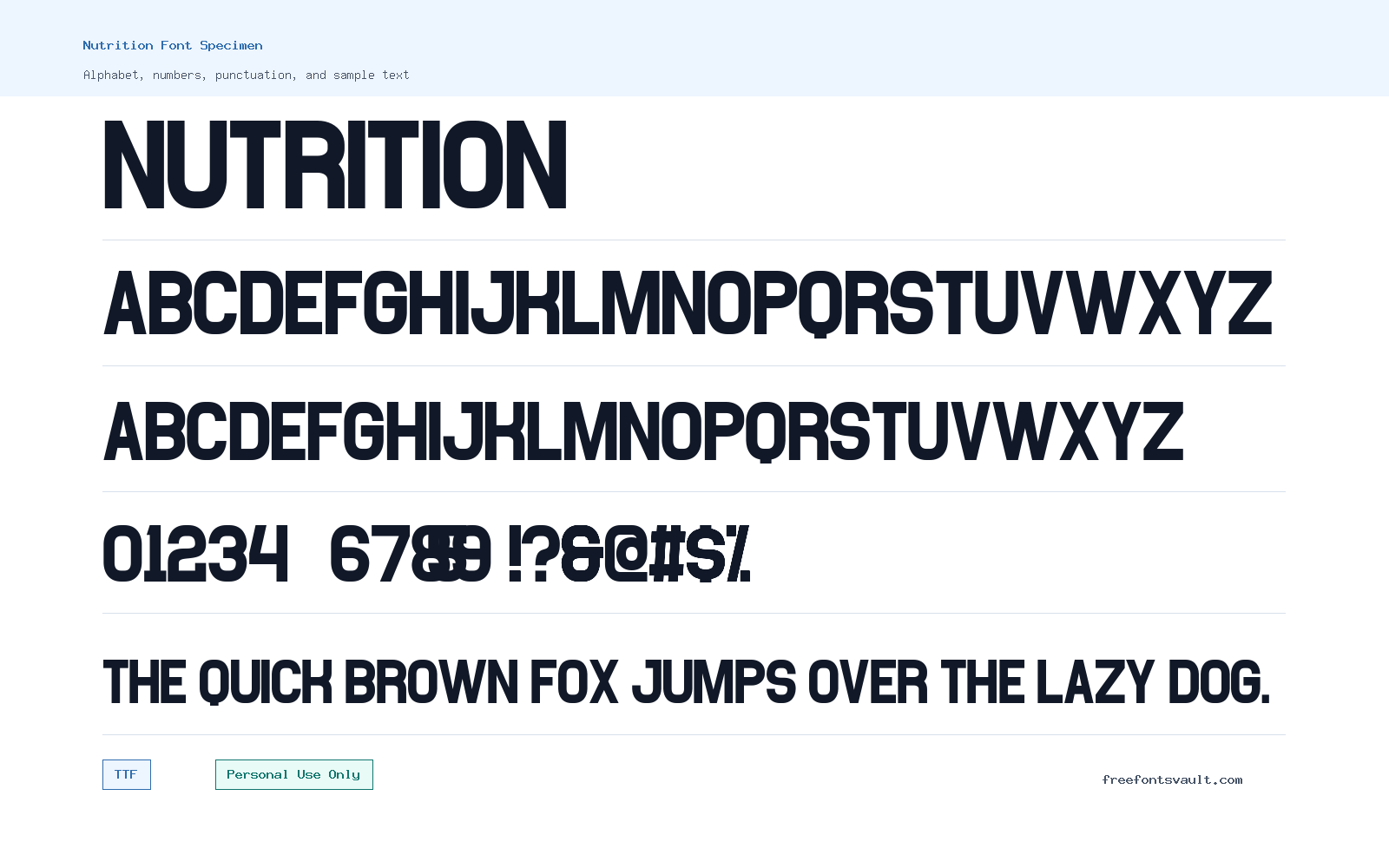 Nutrition font specimen showing alphabet, numbers, and sample text