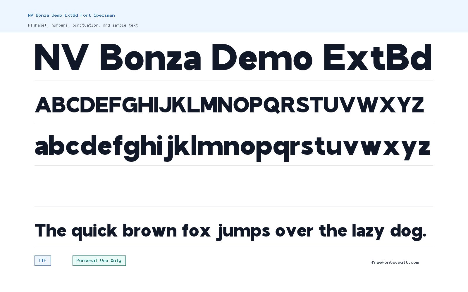 NV Bonza Demo ExtBd font specimen showing alphabet, numbers, and sample text