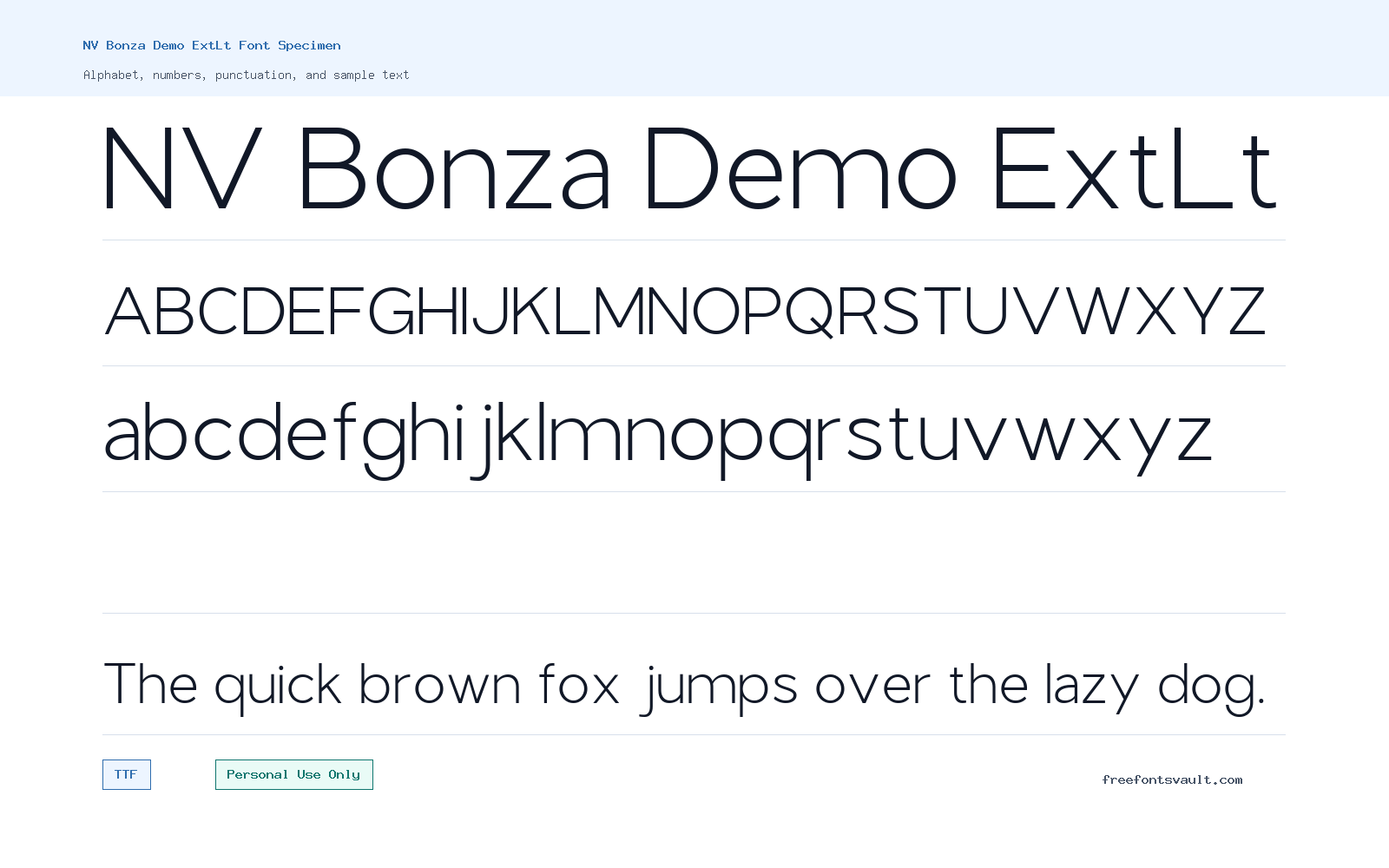 NV Bonza Demo ExtLt font specimen showing alphabet, numbers, and sample text