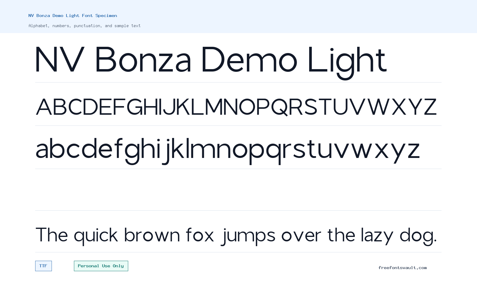 NV Bonza Demo Light font specimen showing alphabet, numbers, and sample text