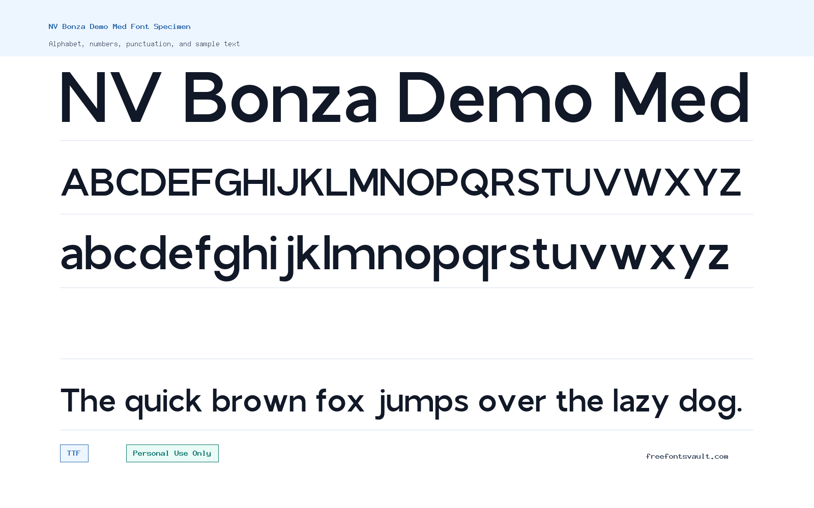 NV Bonza Demo Med font specimen showing alphabet, numbers, and sample text