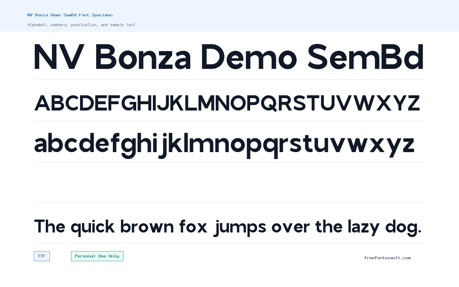 NV Bonza Demo SemBd font specimen showing alphabet, numbers, and sample text