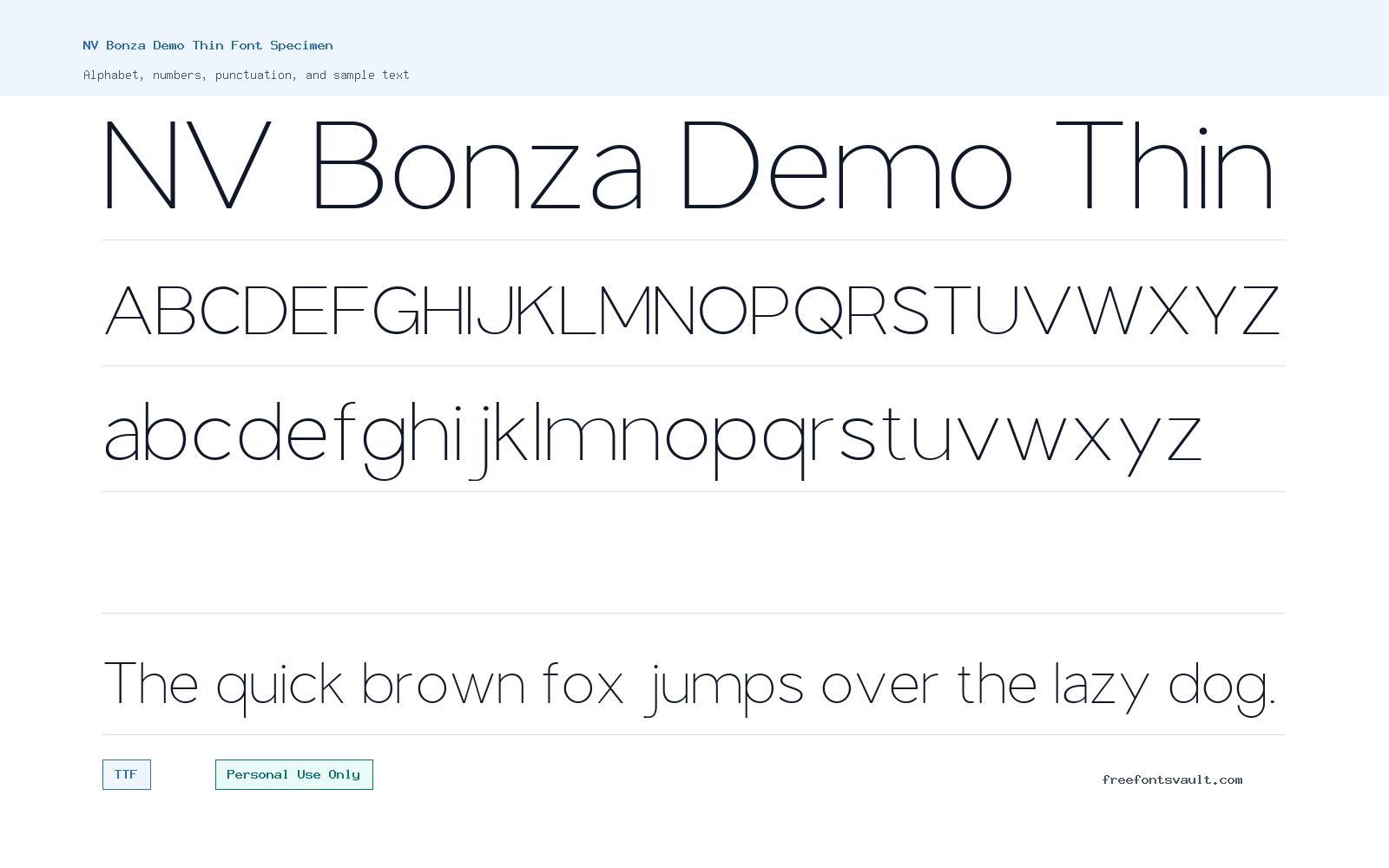 NV Bonza Demo Thin font specimen showing alphabet, numbers, and sample text