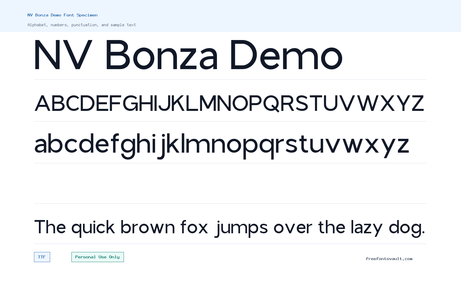 NV Bonza Demo font specimen showing alphabet, numbers, and sample text