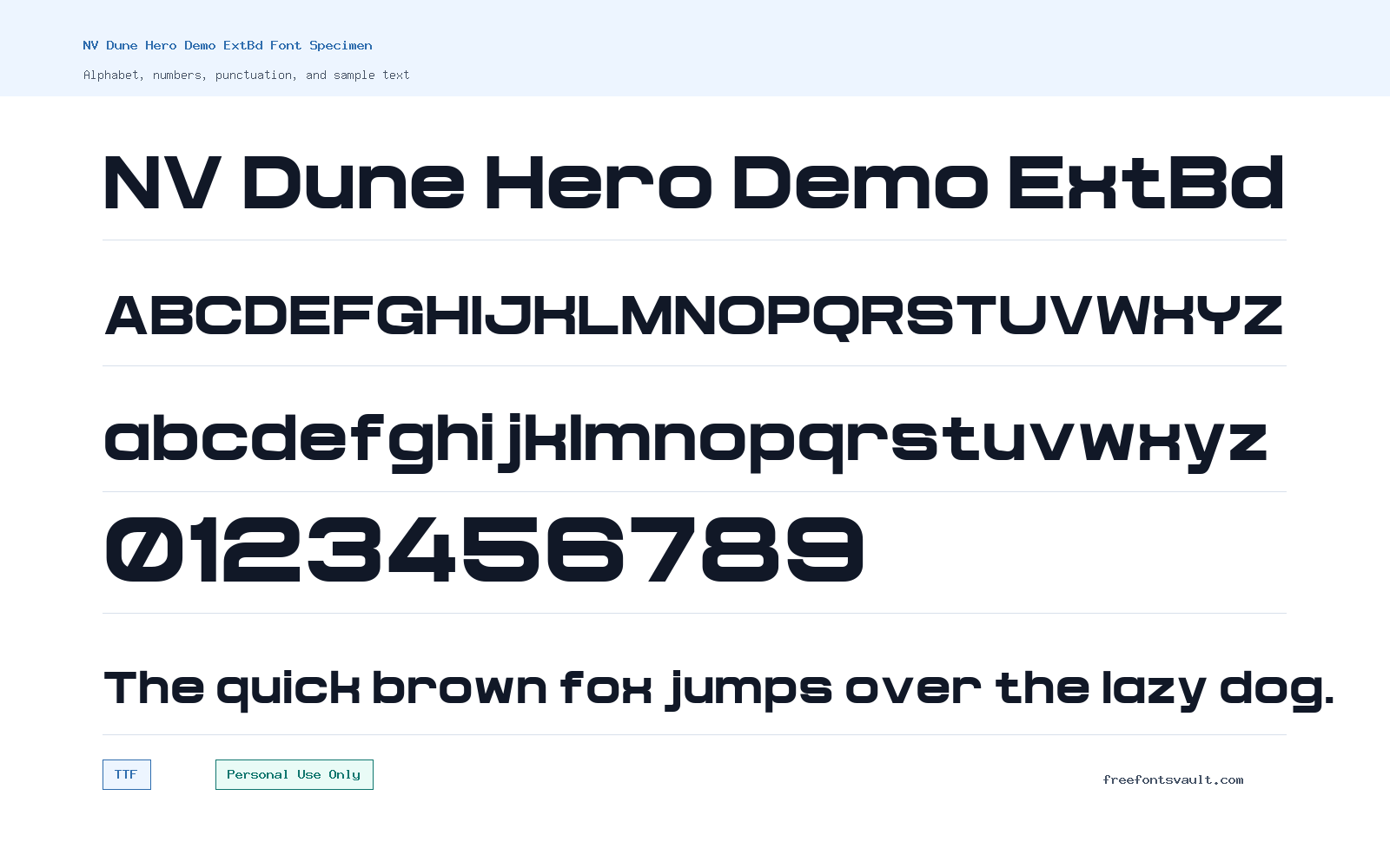 NV Dune Hero Demo ExtBd font specimen showing alphabet, numbers, and sample text