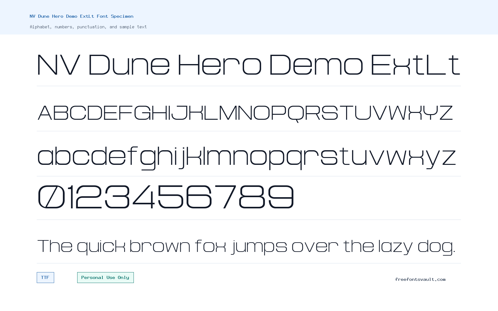 NV Dune Hero Demo ExtLt font specimen showing alphabet, numbers, and sample text