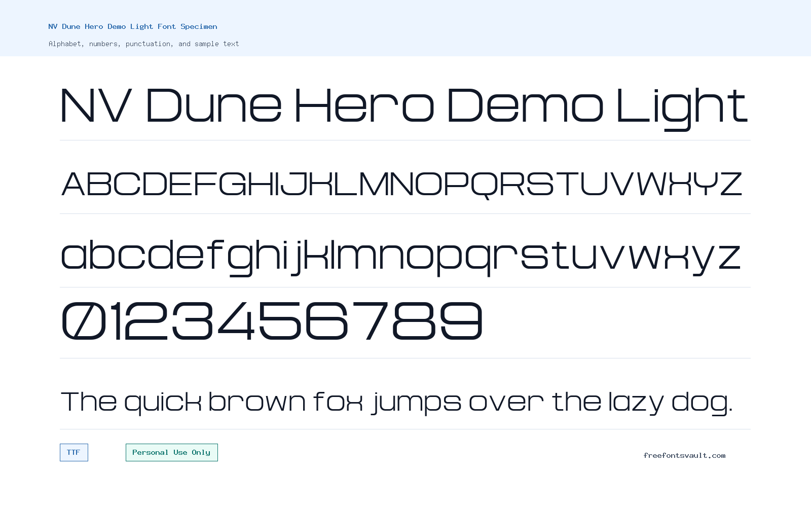 NV Dune Hero Demo Light font specimen showing alphabet, numbers, and sample text