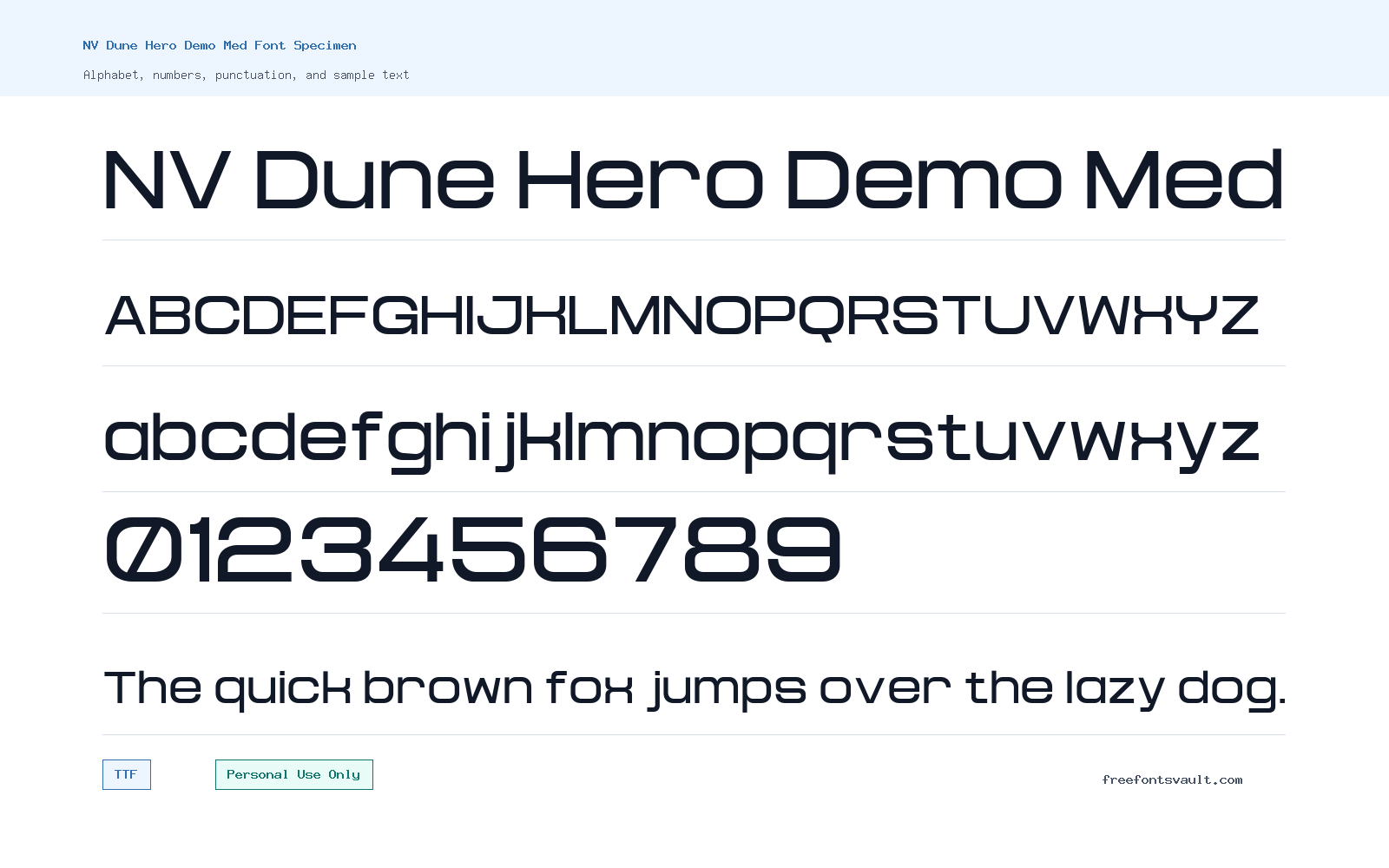 NV Dune Hero Demo Med font specimen showing alphabet, numbers, and sample text