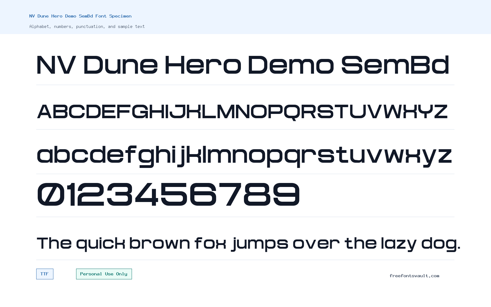 NV Dune Hero Demo SemBd font specimen showing alphabet, numbers, and sample text