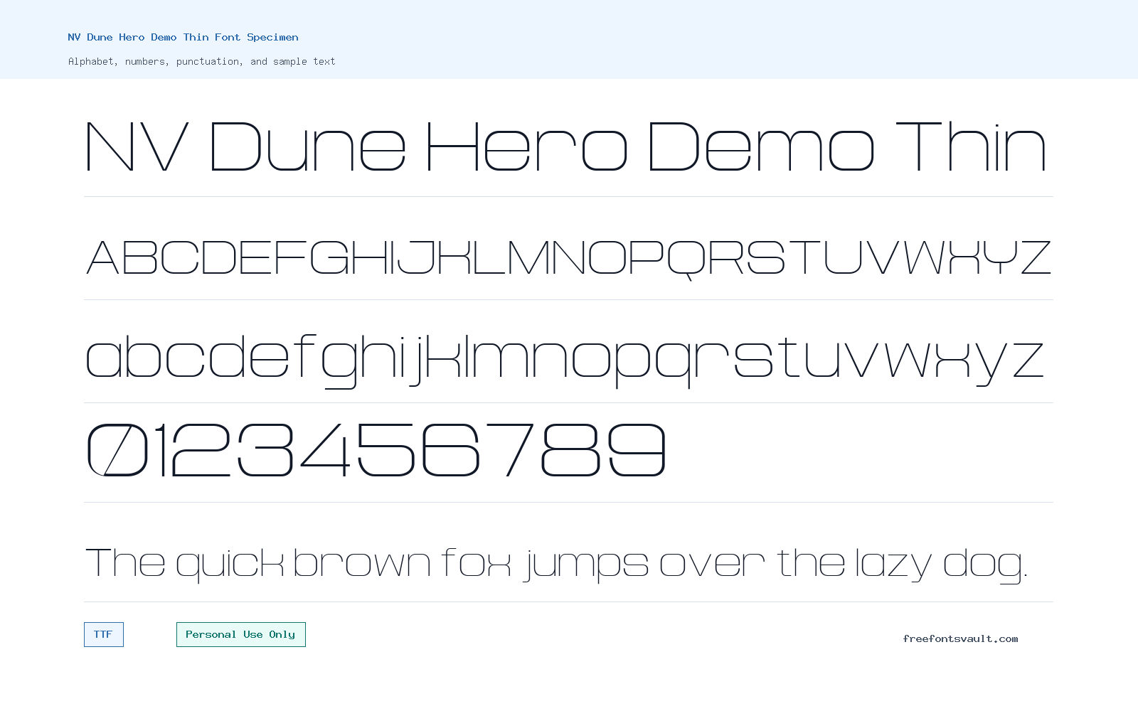 NV Dune Hero Demo Thin font specimen showing alphabet, numbers, and sample text