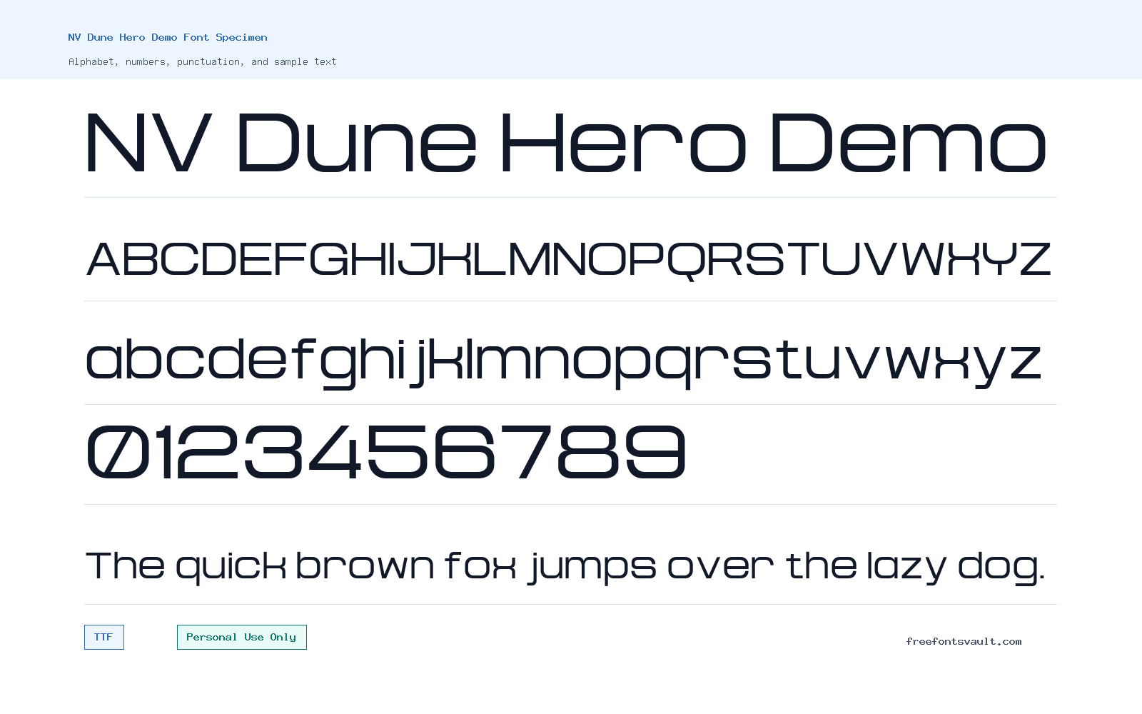 NV Dune Hero Demo font specimen showing alphabet, numbers, and sample text