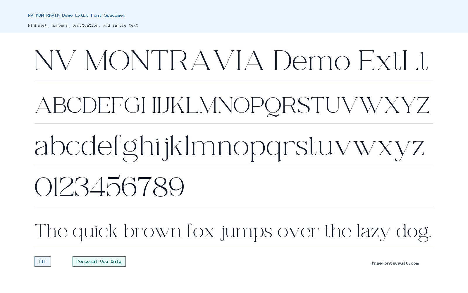 NV MONTRAVIA Demo ExtLt font specimen showing alphabet, numbers, and sample text