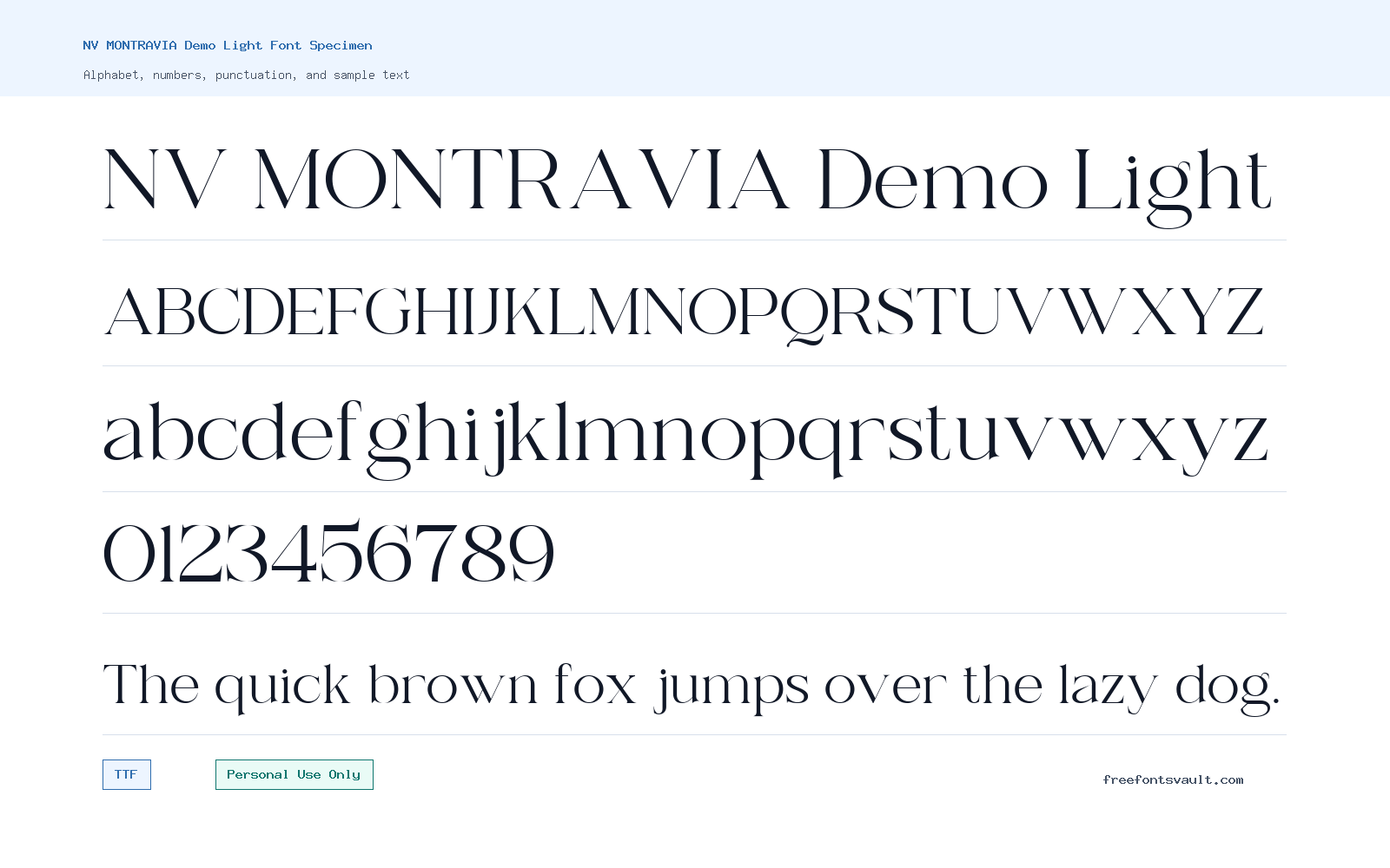 NV MONTRAVIA Demo Light font specimen showing alphabet, numbers, and sample text