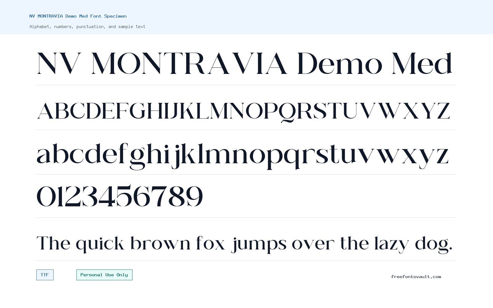 NV MONTRAVIA Demo Med font specimen showing alphabet, numbers, and sample text