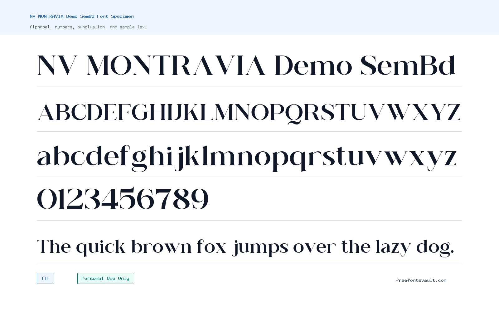 NV MONTRAVIA Demo SemBd font specimen showing alphabet, numbers, and sample text