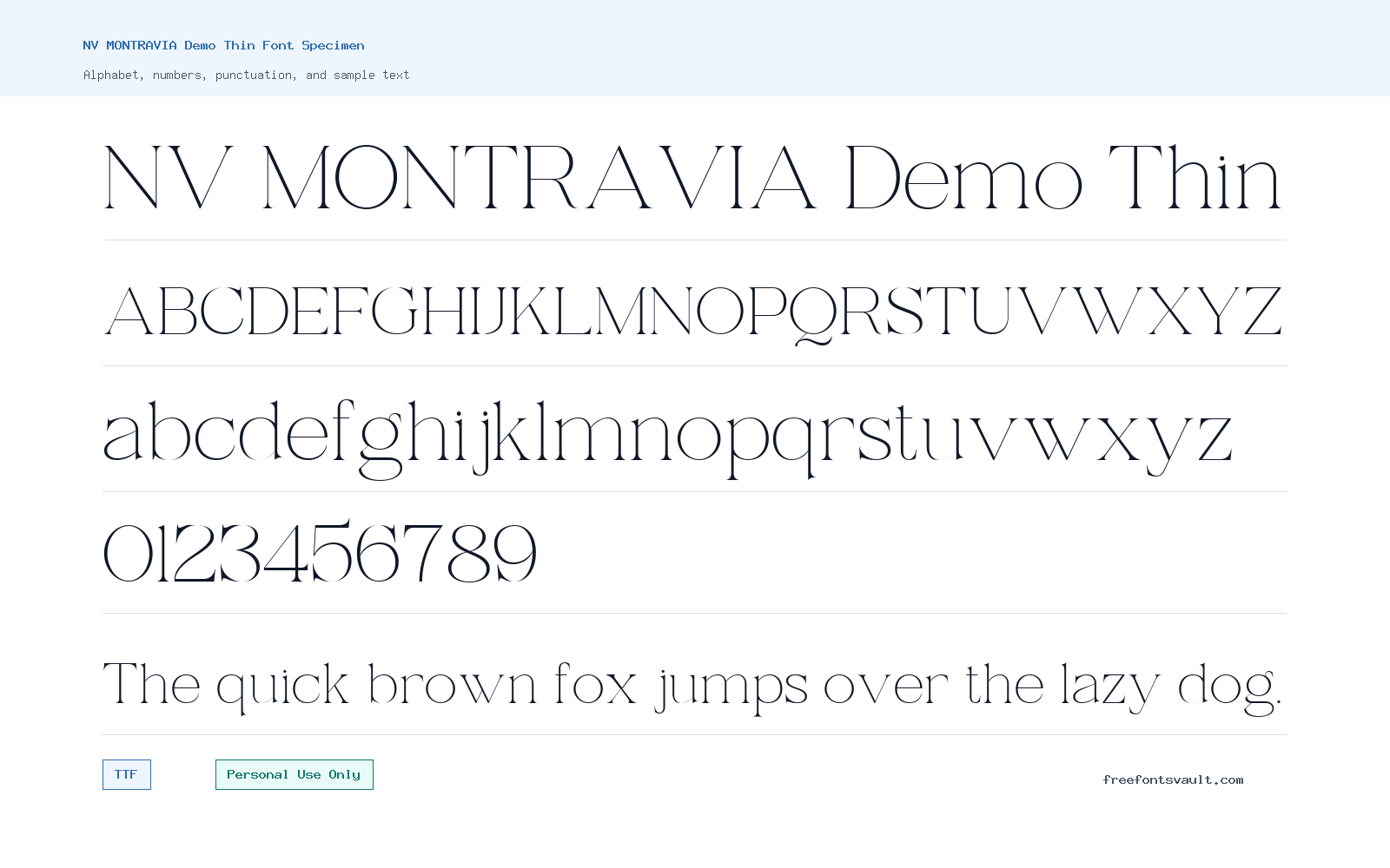 NV MONTRAVIA Demo Thin font specimen showing alphabet, numbers, and sample text