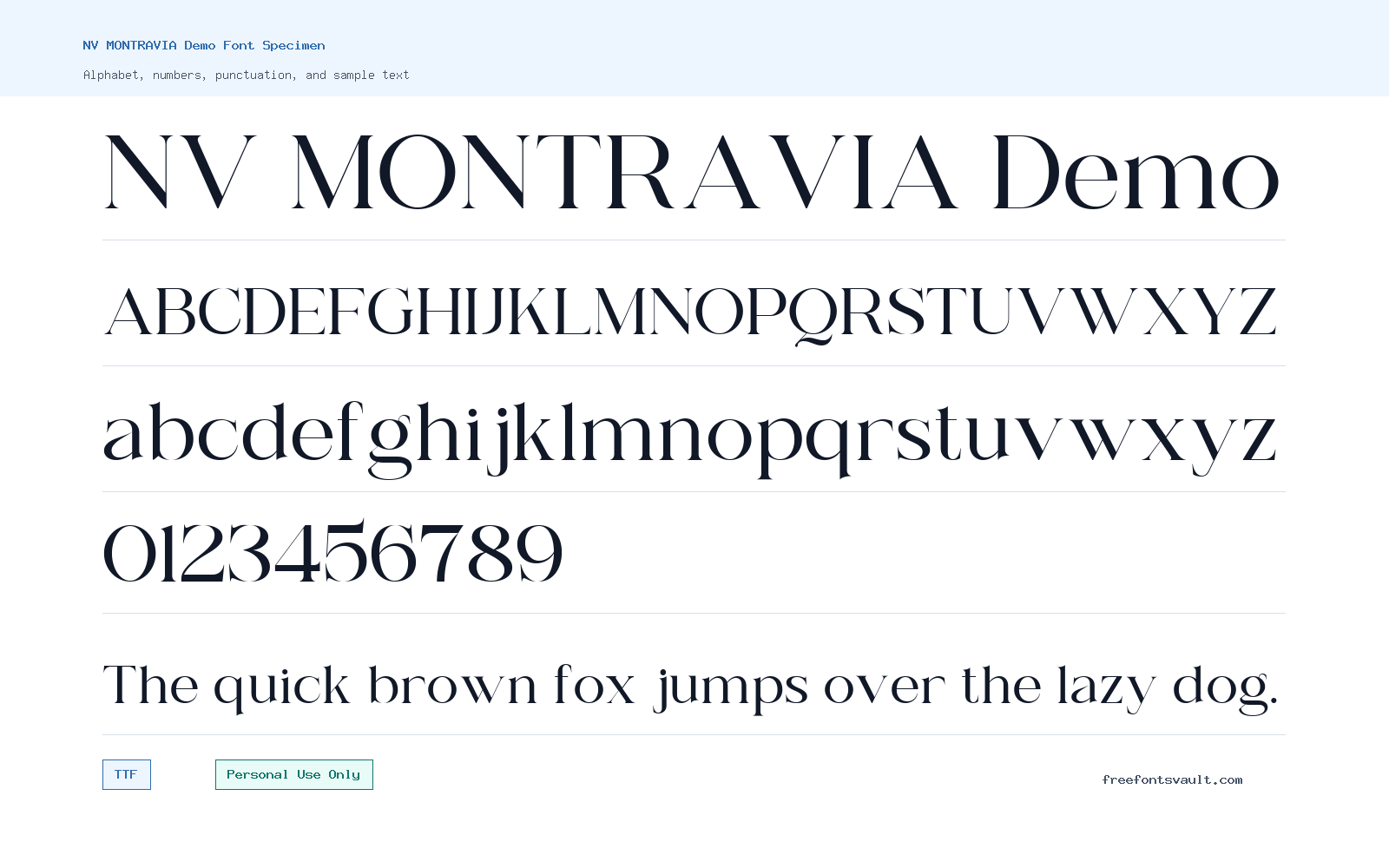 NV MONTRAVIA Demo font specimen showing alphabet, numbers, and sample text