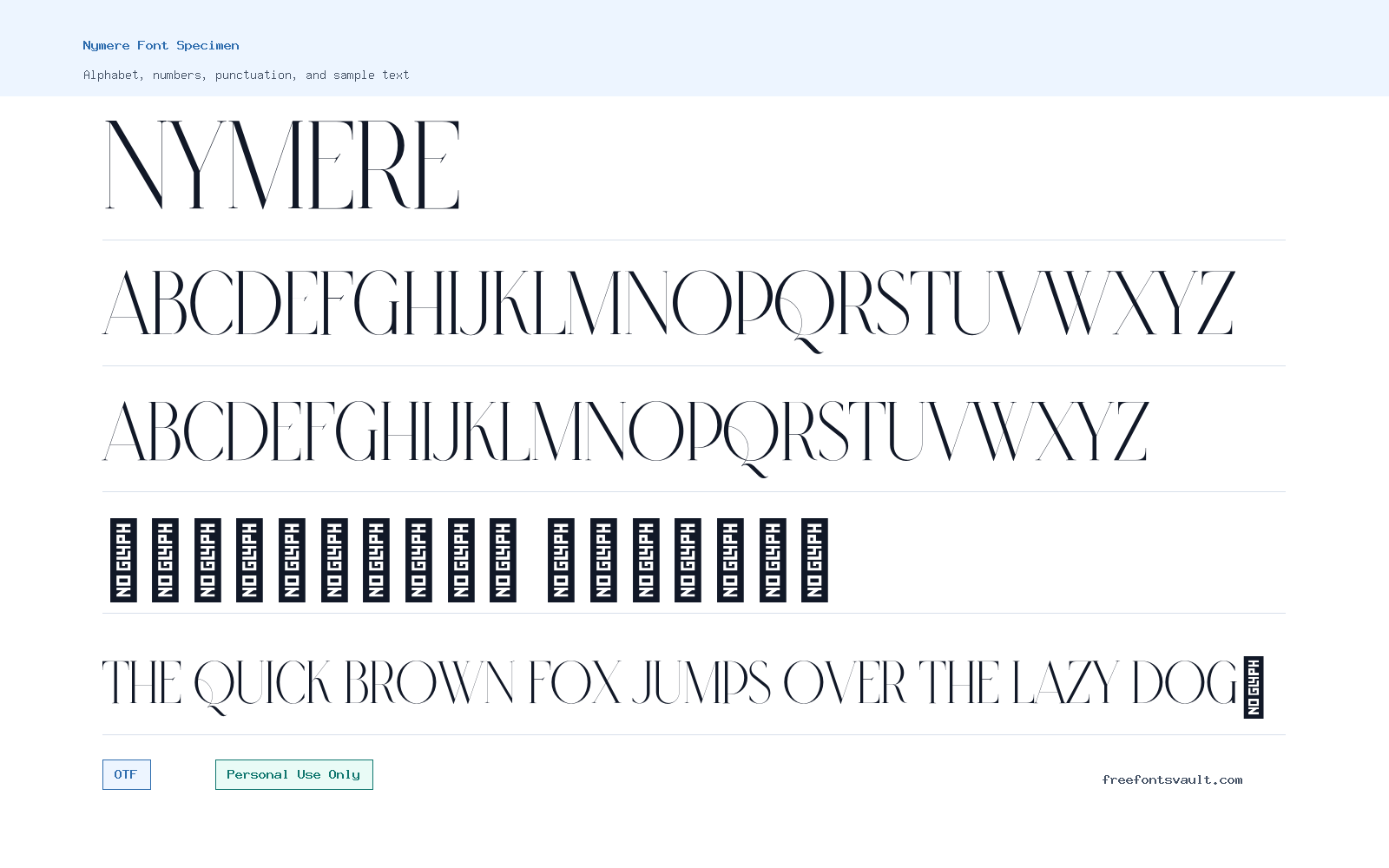 Nymere font specimen showing alphabet, numbers, and sample text
