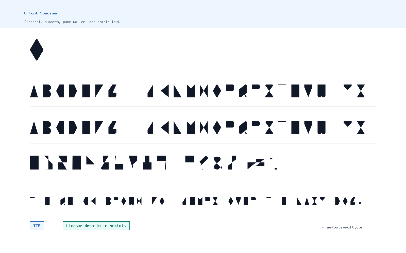 O font specimen showing alphabet, numbers, and sample text