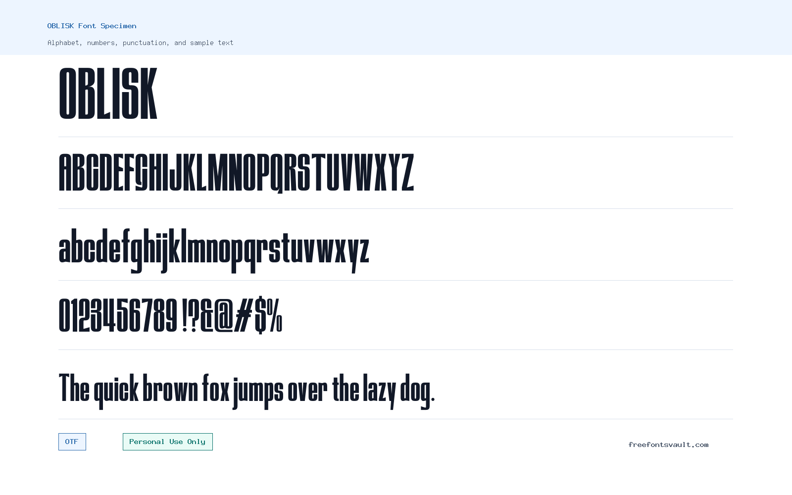 OBLISK font specimen showing alphabet, numbers, and sample text
