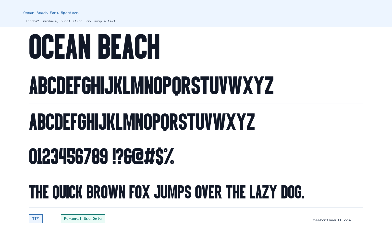 Ocean Beach font specimen showing alphabet, numbers, and sample text