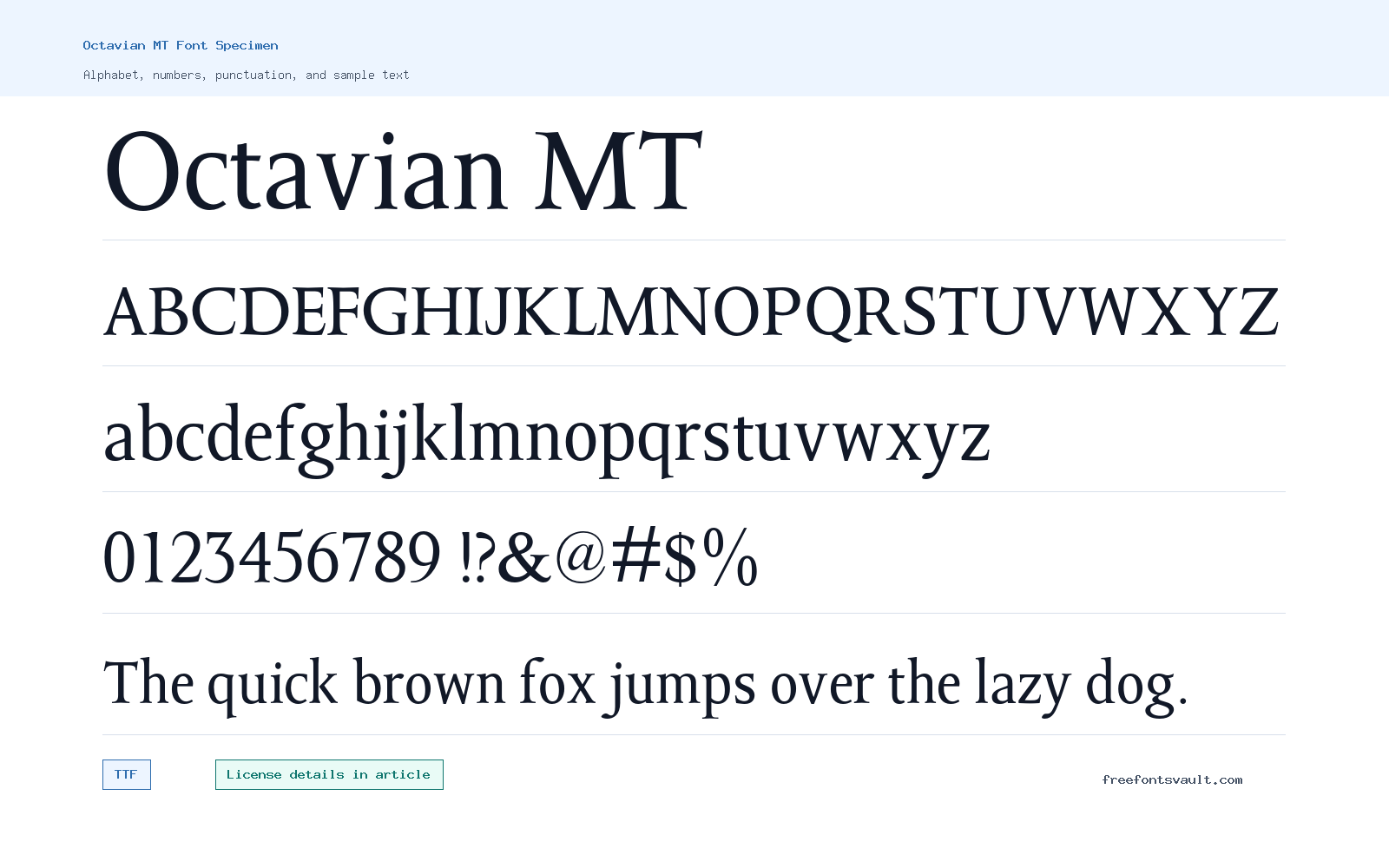 Octavian MT font specimen showing alphabet, numbers, and sample text