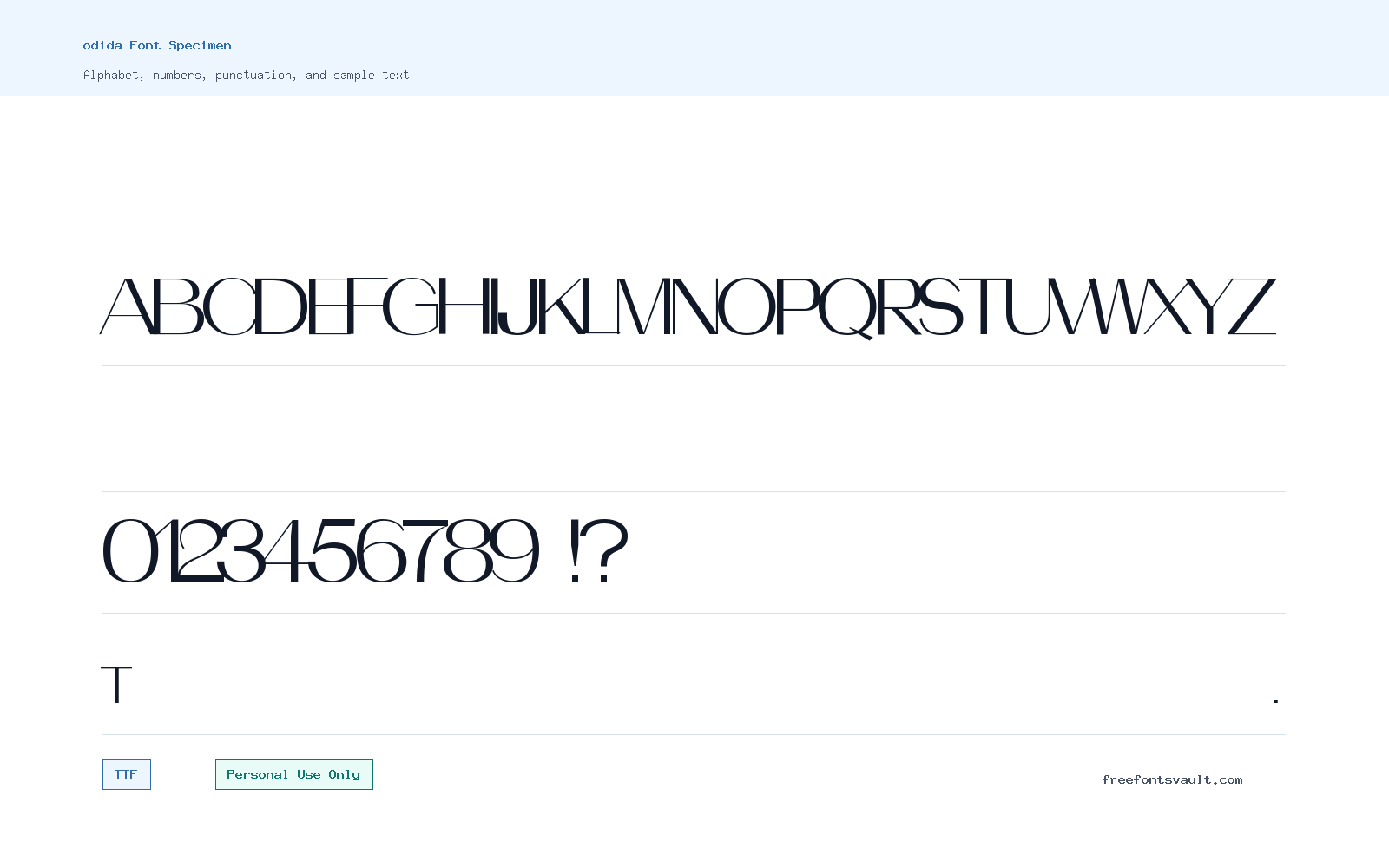 odida font specimen showing alphabet, numbers, and sample text