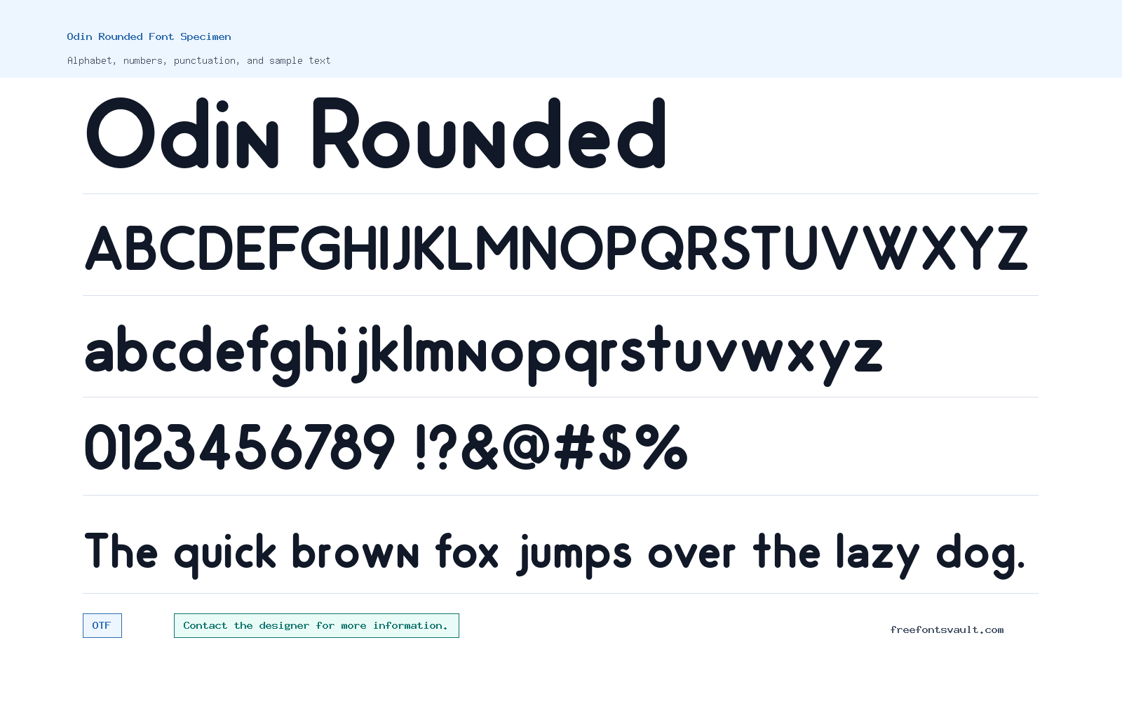 Odin Rounded font specimen showing alphabet, numbers, and sample text