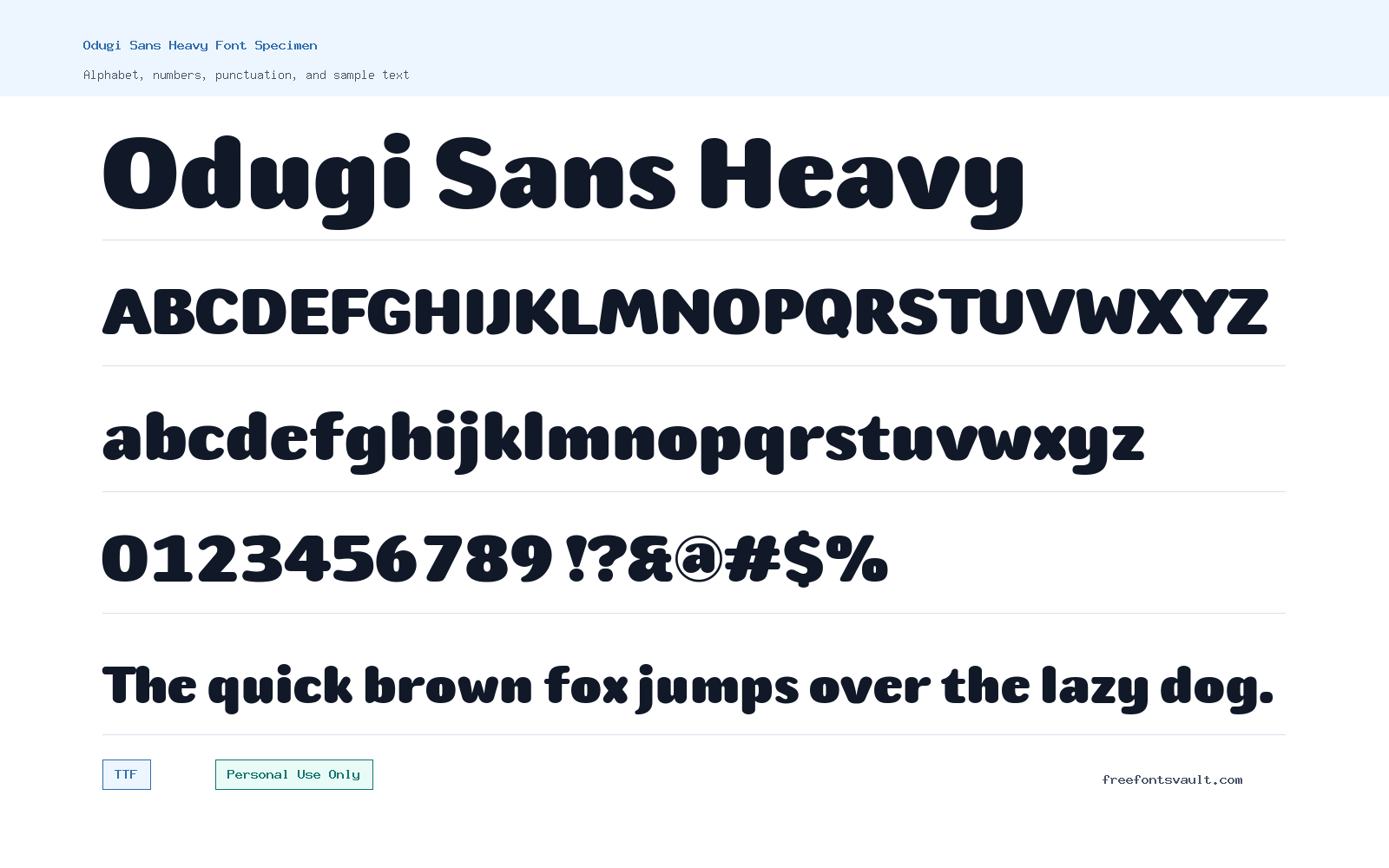 Odugi Sans Heavy font specimen showing alphabet, numbers, and sample text
