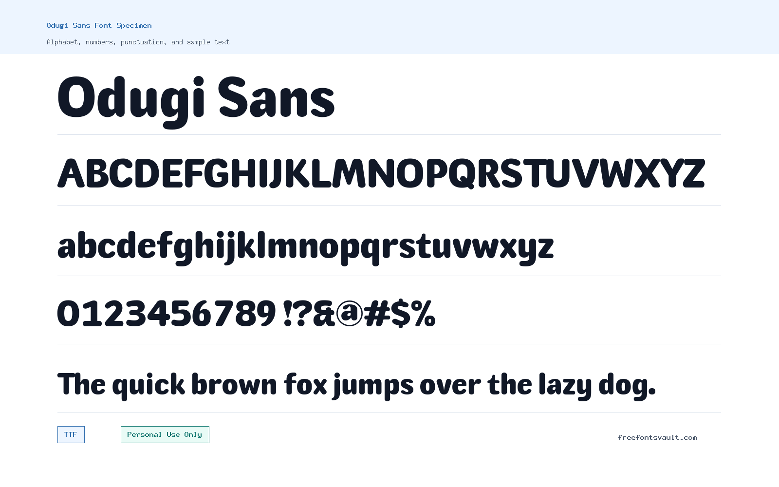 Odugi Sans font specimen showing alphabet, numbers, and sample text