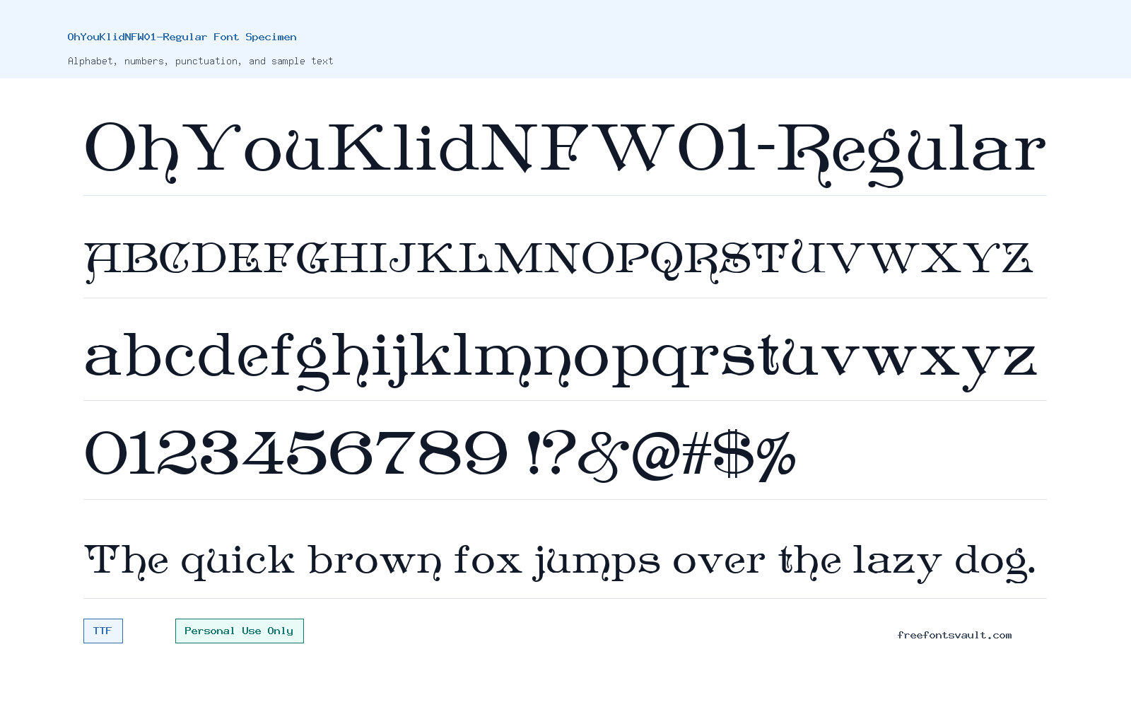 OhYouKlidNFW01-Regular font specimen showing alphabet, numbers, and sample text