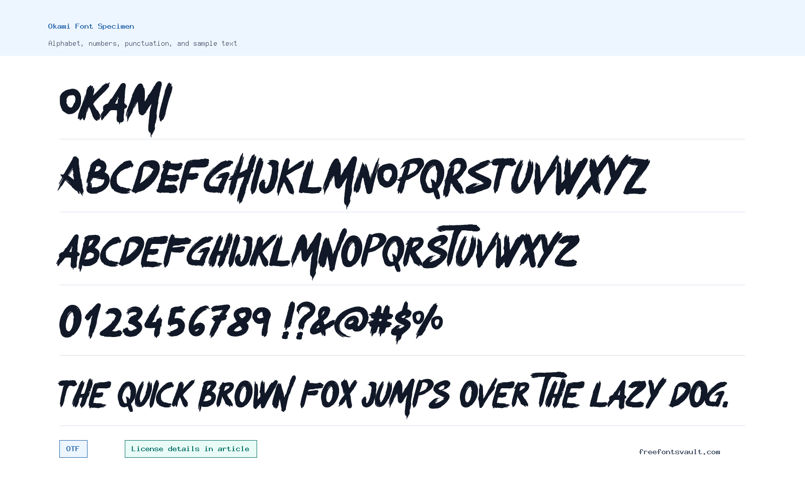 Okami font specimen showing alphabet, numbers, and sample text