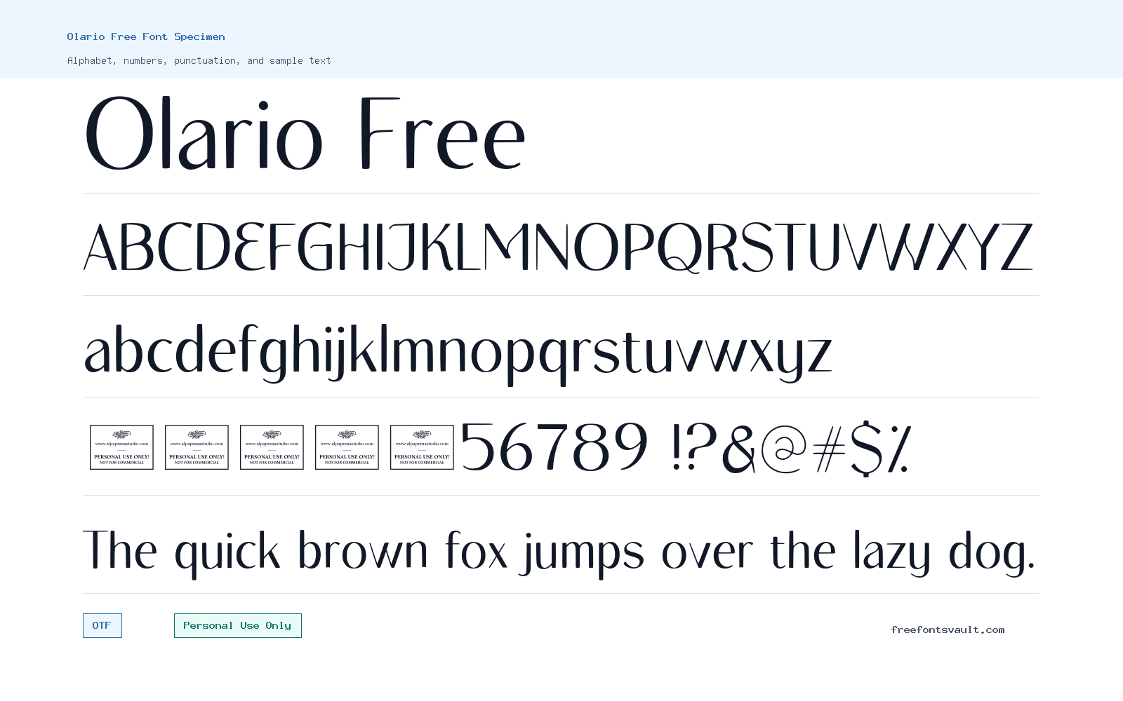 Olario Free font specimen showing alphabet, numbers, and sample text