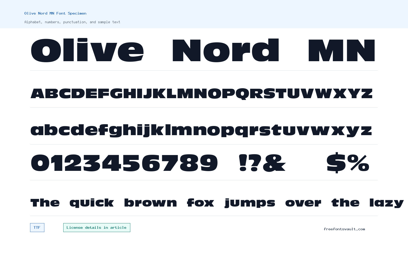 Olive Nord MN font specimen showing alphabet, numbers, and sample text