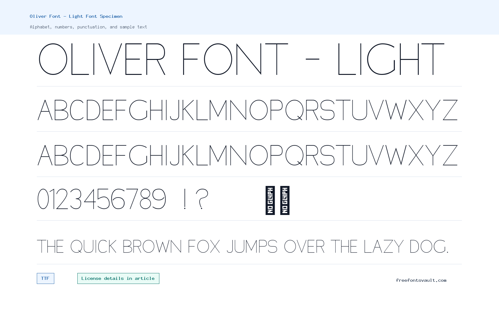 Oliver Font - Light font specimen showing alphabet, numbers, and sample text