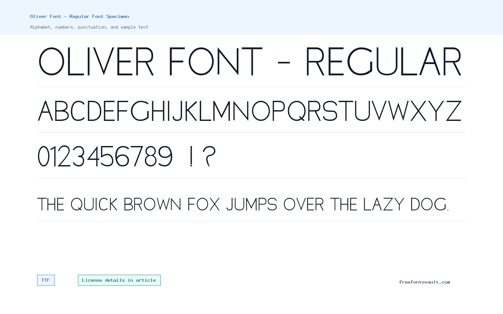 Oliver Font - Regular font specimen showing alphabet, numbers, and sample text