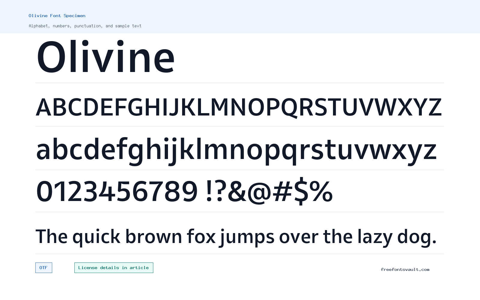 Olivine font specimen showing alphabet, numbers, and sample text