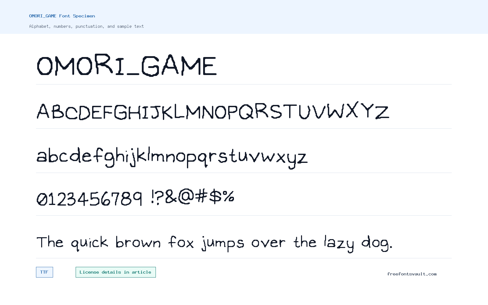 OMORI_GAME font specimen showing alphabet, numbers, and sample text
