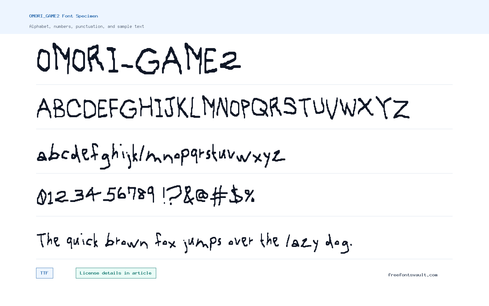 OMORI_GAME2 font specimen showing alphabet, numbers, and sample text