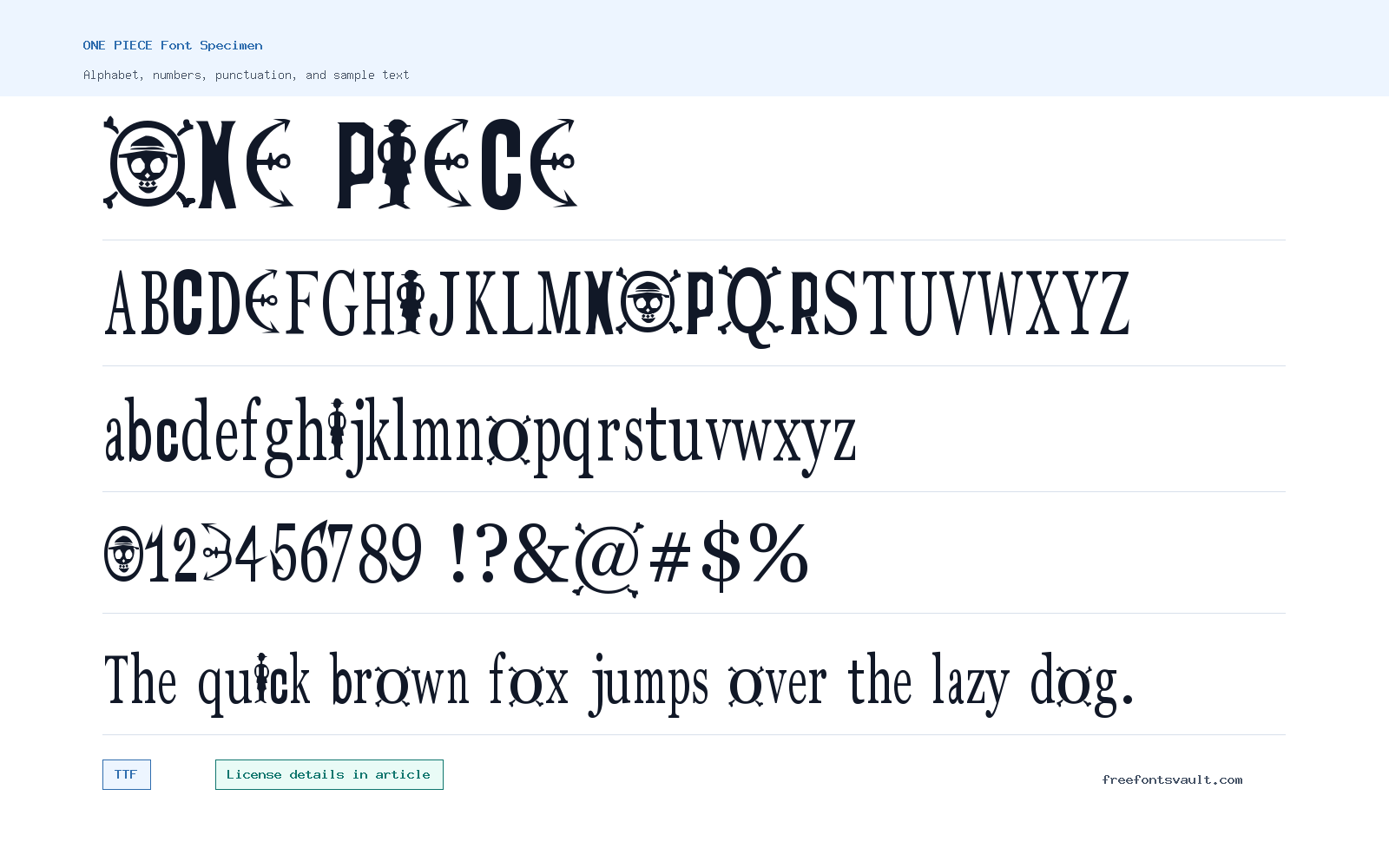 ONE PIECE font specimen showing alphabet, numbers, and sample text